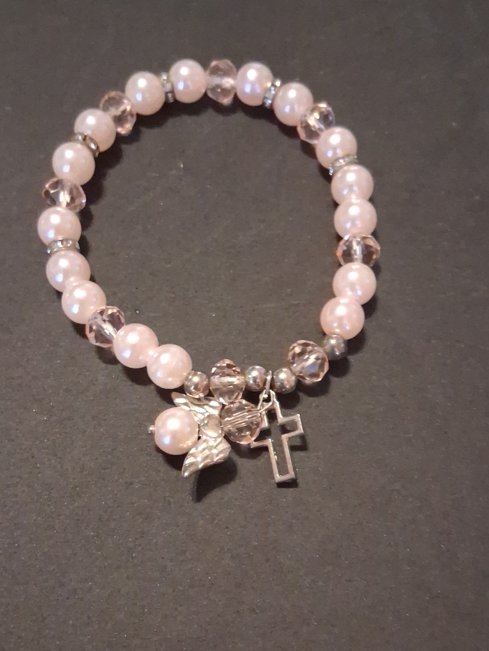 Delicate Pink Pearl and Crystal Charm Bracelet with Cross